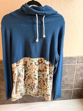 AMPERSAND AVE Teal Pullover Hoodie with Floral Panel